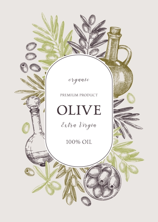Olive oil wreath design. Hand-drawn vector illustration. Olive tree branches, glass bottle, olives sketches. Italian food ingredient. Vegetable oil background